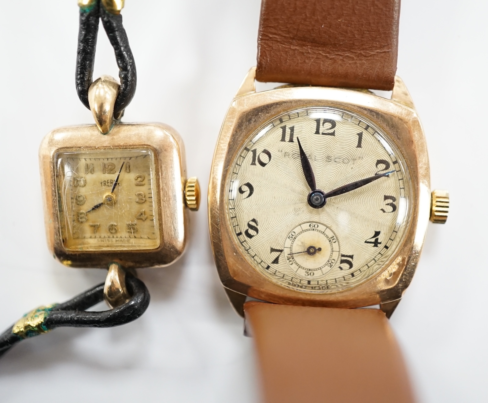 A gentleman's 9ct gold Royal manual wind wrist watch and a lady's yellow metal manual wind Trebe wrist watch.